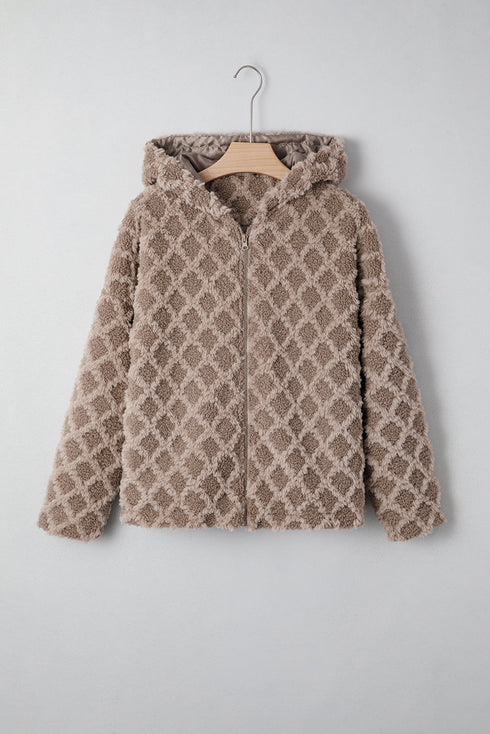 Diamond Textured Sherpa Zip Front Hooded Cropped Jacket